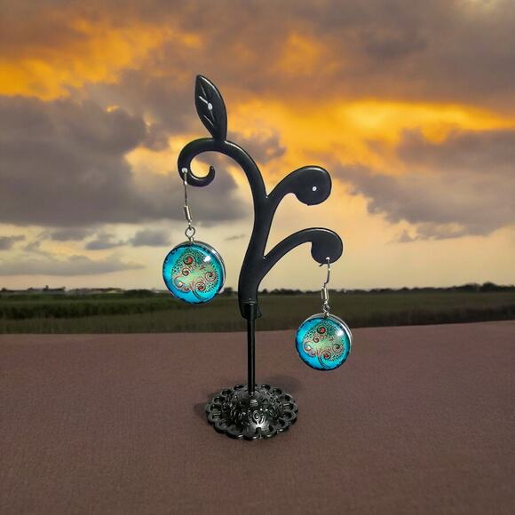 Boutique new blue double sided dome Tree of Life spade earrings - Picture 6 of 6